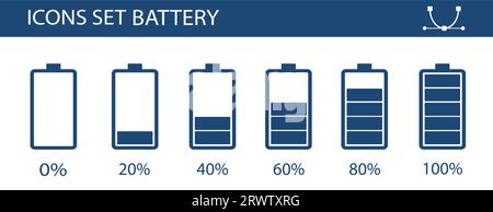 Lineare Symbole zum Laden der Batterie eingestellt. Batteriestatusanzeigen. Niedrige, mittlere und hohe Ladung. Symbole für dünne Linienkonturen. Isolierte Vektorkontur Stock Vektor