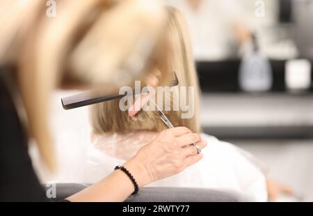 Friseur hält Kamm und Schere in den Händen und schneidet Haare des Kunden Stockfoto