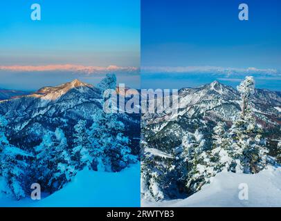 Mt. Yokote und Mount Shiroumadake und andere Berge in den Nordalpen von morgens bis mittags Stockfoto