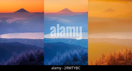 Fuji und Lake Suwa vom Takabotchi Plateau am Morgen Stockfoto