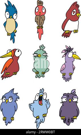 Set aus bunten, niedlichen Vektorvögeln Stock Vektor