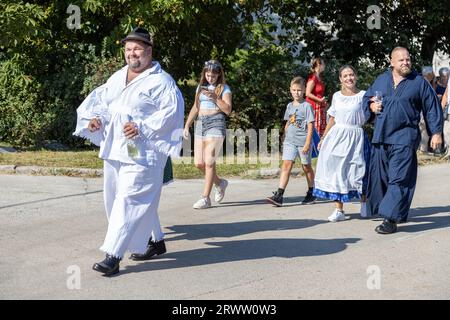 Traditionelle ungarische Ernteparade am 16. September 2023 im ungarischen Dorf Tapolca-Diszel. Traditionelle ungarische Kleidung. Stockfoto