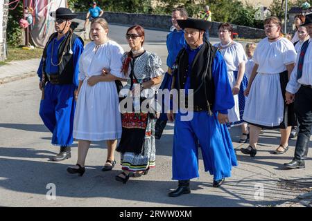 Traditionelle ungarische Ernteparade am 16. September 2023 im ungarischen Dorf Tapolca-Diszel. Traditionelle ungarische Kleidung. Stockfoto