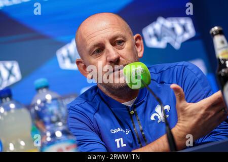 Darmstadt, Deutschland. September 2023. Darmstadt am 21.09.2023, SV Darmstadt 98 Mediengespräch vor dem Auswärtsspiel beim VfB Stuttgart mit Torsten Lieberknecht (SV Darmstadt 98), zeigt sich zuversichtlich (DFL-VORSCHRIFTEN VERBIETEN JEGLICHE VERWENDUNG VON FOTOGRAFIEN ALS BILDSEQUENZEN UND/ODER QUASI-VIDEO) Credit: dpa/Alamy Live News Stockfoto