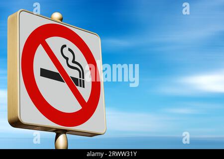 Nahaufnahme eines modernen Rauchverbots. Rauchverbot Straßenschild vor klarem blauem Himmel und Wolken mit Kopierraum. Stockfoto