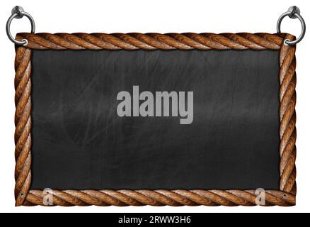 Leere Tafel mit rechteckigem Holzrahmen in Form brauner Seile und Stahlringen zum Aufhängen. Isoliert auf weißem Hintergrund und Kopierraum. Stockfoto