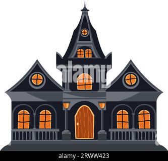 Cartoon verlassenes Haus. Ein dunkles, bedrohliches Halloween-Haus mit einem Spitzdach und vielen Fenstern. Vektorillustration. Stock Vektor