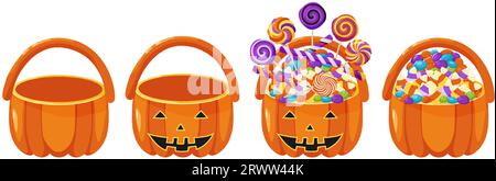Set mit Halloween-Körben, voller Süßigkeiten und leer. Beutel in Kürbisform für Kinder. Halloween Süßigkeiten und Leckerbissen Korb. Zeichentrickvektor illu Stock Vektor