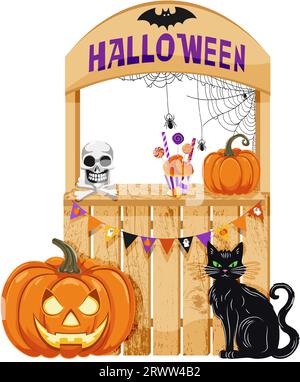 Halloween Party Stand. Holzstand mit Kürbis, schwarze Katze, Leckereien, Girlanden mit Fahnen, Spinnennetz, Schädel und Kreuzknochen. Dekorative Dekoration Stock Vektor