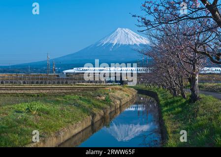 Fuji und auf dem Kopf nach Fuji am blauen Himmel und Tokaido/Sanyo Shinkansen N700A Stockfoto