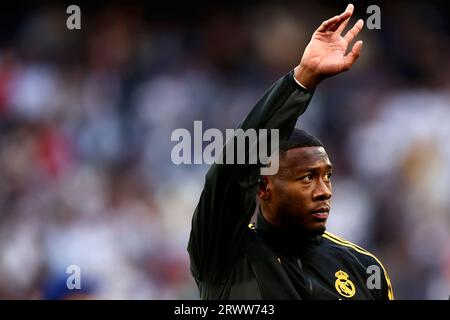 Madrid, Spanien. September 2023. David Alaba von Real Madrid CF zeigt Gesten während des UEFA Champions League-Spiels zwischen Real Madrid CF und FC Union Berlin im Santiago Bernabeu Stadion am 20. September 2023 in Madrid, Spanien. Dank: Marco Canoniero/Alamy Live News Stockfoto
