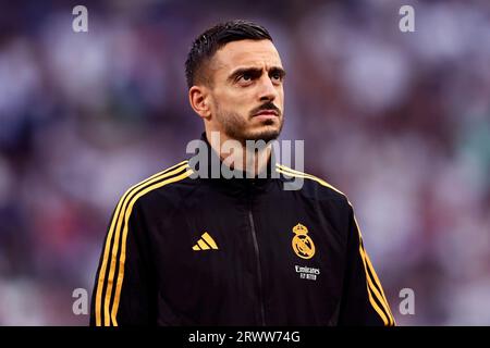 Madrid, Spanien. September 2023. Joselu von Real Madrid CF schaut beim Spiel der UEFA Champions League zwischen Real Madrid CF und dem FC Union Berlin im Santiago Bernabeu Stadion am 20. September 2023 in Madrid, Spanien, nach. Dank: Marco Canoniero/Alamy Live News Stockfoto