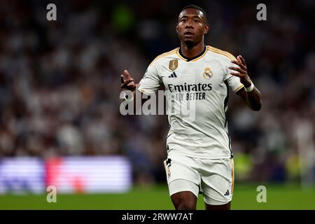Madrid, Spanien. September 2023. David Alaba von Real Madrid CF zeigt Gesten während des UEFA Champions League-Spiels zwischen Real Madrid CF und FC Union Berlin im Santiago Bernabeu Stadion am 20. September 2023 in Madrid, Spanien. Dank: Marco Canoniero/Alamy Live News Stockfoto