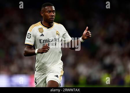 Madrid, Spanien. September 2023. David Alaba von Real Madrid CF zeigt Gesten während des UEFA Champions League-Spiels zwischen Real Madrid CF und FC Union Berlin im Santiago Bernabeu Stadion am 20. September 2023 in Madrid, Spanien. Dank: Marco Canoniero/Alamy Live News Stockfoto