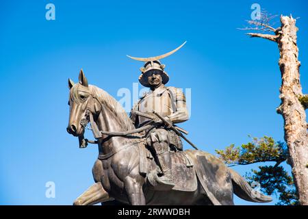 Statue von Date Masamune auf einem Pferd Stockfoto