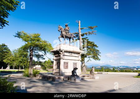 Statue von Date Masamune auf einem Pferd Stockfoto