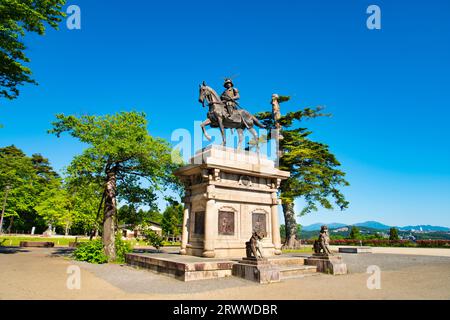 Statue von Date Masamune auf einem Pferd Stockfoto