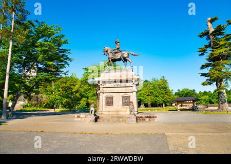 Statue von Date Masamune auf einem Pferd Stockfoto