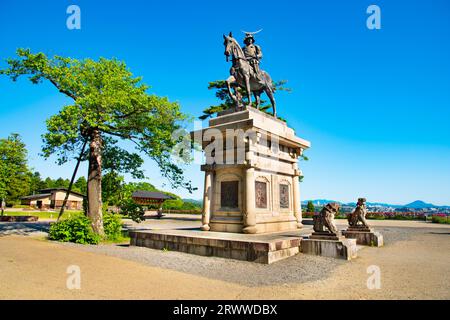 Statue von Date Masamune auf einem Pferd Stockfoto