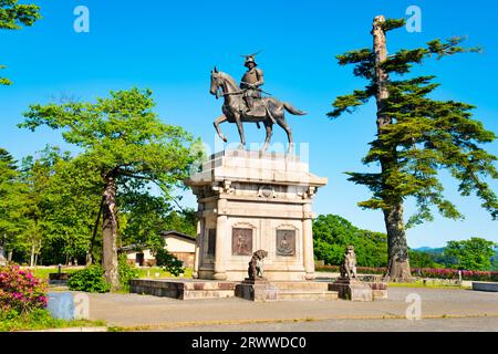 Statue von Date Masamune auf einem Pferd Stockfoto