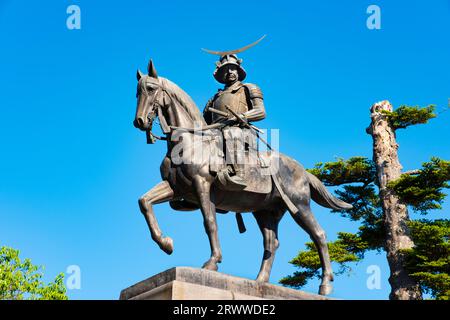 Statue von Date Masamune auf einem Pferd Stockfoto