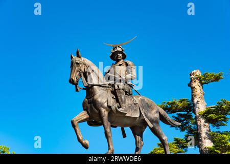 Statue von Date Masamune auf einem Pferd Stockfoto