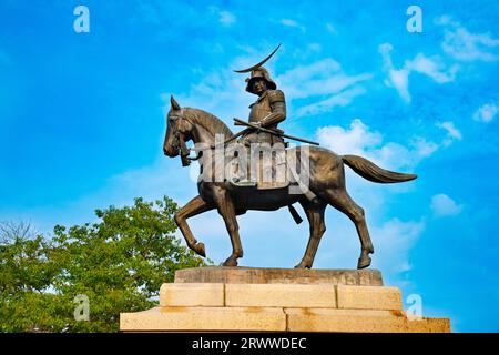 Statue von Date Masamune auf einem Pferd Stockfoto