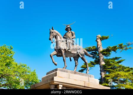 Statue von Date Masamune auf einem Pferd Stockfoto