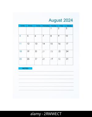 Vertikal von August 2024 Kalenderseite für 2024 Jahre isoliert auf weißem Hintergrund, gespeicherter Beschneidungspfad. Stockfoto