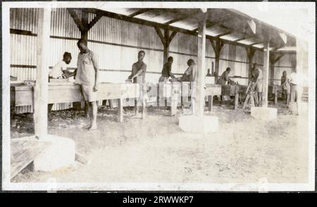 Eine Gruppe von etwa zehn afrikanischen Auszubildenden der Nairobi Public Works Department arbeitet in ihren Outdoor-Workshops an Zimmereiprojekten. Charles Bungey, ihr Lehrer, ist gerade rechts auf dem Bild zu sehen. Originalhandschrift: Native Carpenters P.W.D. Nairobi B.E.A. später Handschrift: Charles Bungey's Boys. Stockfoto