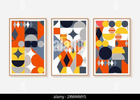 Drei minimalistische geometrische Gemälde. Abstrakte bunte Poster moderner Kunst aus der Mitte des Jahrhunderts, die an einer Wand gerahmt sind. Stock Vektor