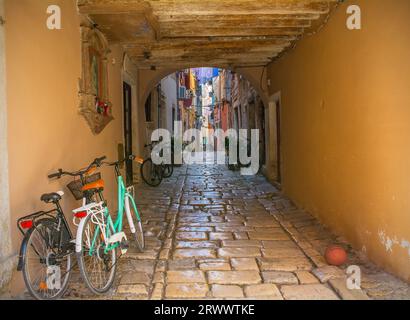 Ein schmaler überdachter Bogengang im historischen Zentrum der mittelalterlichen Küstenstadt Rovinj in Istrien, Kroatien Stockfoto