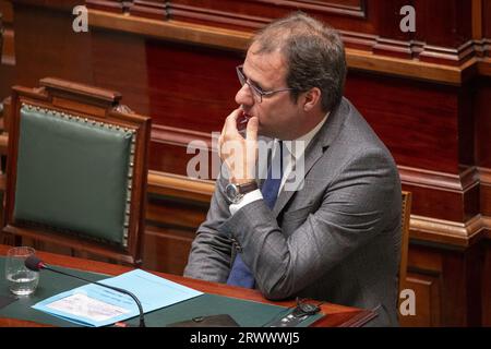 Brüssel, Belgien. September 2023. David Clarinval, Minister für Landwirtschaft und KMU, hat am Donnerstag, den 21. September 2023, auf einer Plenartagung des Plenums im Bundesparlament in Brüssel ein Bild gemacht. BELGA PHOTO NICOLAS MAETERLINCK Credit: Belga News Agency/Alamy Live News Stockfoto