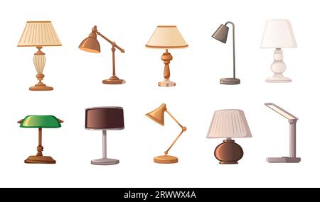 Set aus klassischen Retro- und modernen Schreibtischleuchten mit flexiblen Armen und monolithischer Standvektorillustration isoliert auf weißem Hintergrund Stock Vektor