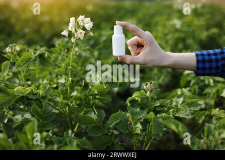 Probleme und Lösung der Gartensaison. Zugeschnittene Fotohand des Bauern hält weiße Flasche mit Modell für Gift, Pestizidflüssigkeit von Pflanzenkrankheiten und Stockfoto
