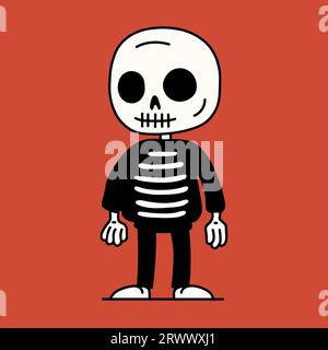 Cartoon halloween Skelett Figur. Niedliches menschliches Skelett Knochen Kostüm isoliert auf rotem Hintergrund. Glückliche Halloween-Grußkarte. Vektorillustration Stock Vektor