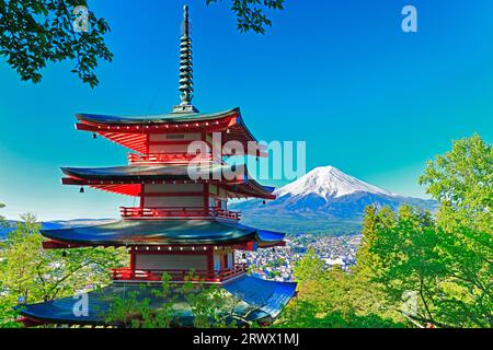 Mt. Fuji mit frischem Grün und Schnee auf der fünfstöckigen Pagode vom Niikurayama Sengen Park Stockfoto
