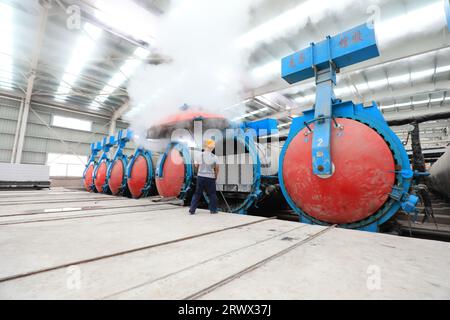 Luannan County, China - 27. Juni 2023: Arbeiter öffnen den Autoklaven auf der Produktionslinie für leichte Trennwände in der Fabrik Stockfoto