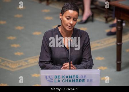 Brüssel, Belgien. September 2023. Vooruits Meryame Kitir wurde am Donnerstag, den 21. September 2023, während einer Plenarsitzung des Plenums im Bundesparlament in Brüssel vorgestellt. BELGA PHOTO NICOLAS MAETERLINCK Credit: Belga News Agency/Alamy Live News Stockfoto