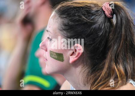 Slowenische Fans bei der Volleyball-Weltmeisterschaft 2022. Arena Stozice, Ljubljana Stockfoto