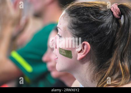 Slowenische Fans bei der Volleyball-Weltmeisterschaft 2022. Arena Stozice, Ljubljana Stockfoto