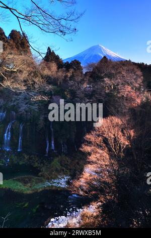 Shiraito Falls im Winter mit Schnee und Mt. Fuji Stockfoto