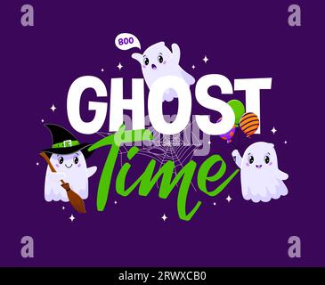 Comic kawaii Halloween Geister, Weihnachtszitat Vektor Typografie. Geisterzeit niedlicher Typ mit Halloween-Trick oder Treat Night Monsters Charakteren. Fliegende Phantome mit Hexenhut, Besen, Buh-Sprechblase Stock Vektor