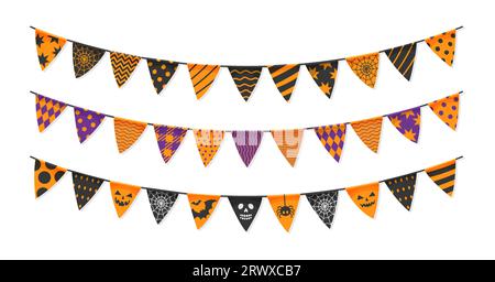 Halloween Weihnachtsgirlande Wimpel und Fahnen. Halloween Trick or Treat Party Vektor Dekor. Zeichentrickbunte aus schwarzen, orangen und violetten Dreiecksfahnen mit geometrischem Muster, Schädel, Spinne, Spinnennetz Stock Vektor