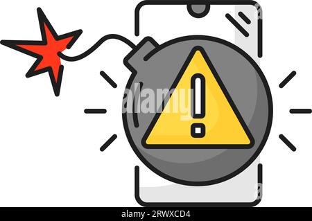 Smartphone mit brennender Bombe und Hinweisschild, Symbol für Cyber-Angriffslinie. Warnsymbol für Vektorbetrug, Gefahrenhinweis für mobile elektronische Daten Stock Vektor