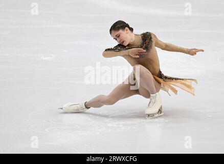 Oberstdorf, Deutschland. September 2023. Abbildung Skating: Challenger-Serie – Nebelhorn Trophy, Einzelspiel, Damen, Kurzprogramm. Isabeau Levito aus den USA auf dem Eis. Angelika Warmuth/dpa/Alamy Live News Stockfoto