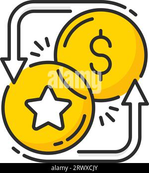 Treuepunkt- und Geldmünzen mit Pfeilen. Vector-Sondervorteile, Bonuspunkte, Preisbelohnung oder Geschenktransferlinie, Symbol für Gold- und Dollarmünzen, Treueanreiz für Kunden Stock Vektor