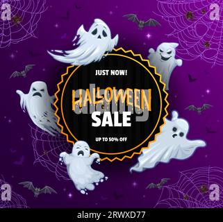 Halloween-Banner mit fliegenden Geistern, Fledermäusen und Spinnennetz mit Spinnen. Vector Holiday Sale-Promo-Karte mit lustigen weißen Blechgeistern und Spinnweben. Werbeschild für saisonalen Herbstrabatt Stock Vektor