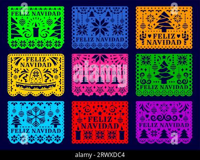 Feliz Navidad mexikanische Papel Picado Fahnen und Papier geschnittene Girlanden, Weihnachtsvektorbanner. Mexiko fiesta Papel Picado Papercut-Flaggen mit Weihnachtsbaum, Schneeflocke, Kerze und Kakteen Stock Vektor