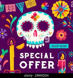 Day of the Dead Dia de Los Muertos Verkaufsbanner mit mexikanischem Weihnachtsschädel, Ringelblumen und Papel-Picado-Flaggen. Vector Day of the Dead Sonderangebot-Einkaufsflyer mit Kalavera, Kerzen, Blumenmuster Stock Vektor